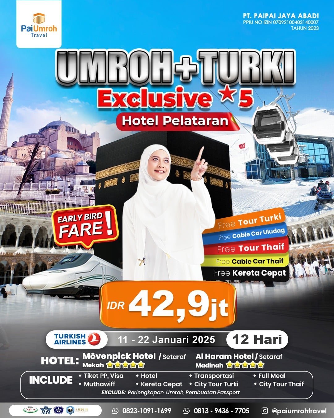 open trip umroh turki istanbul cappadocia balon udara hagia sophia winter musim salju hotel bintang 5 umroh sunnah nabi pelataran ppiu amanah terpercaya makkah madinah kabah masjidil haram masjid nabawi raudhah tawaf sai tahalul